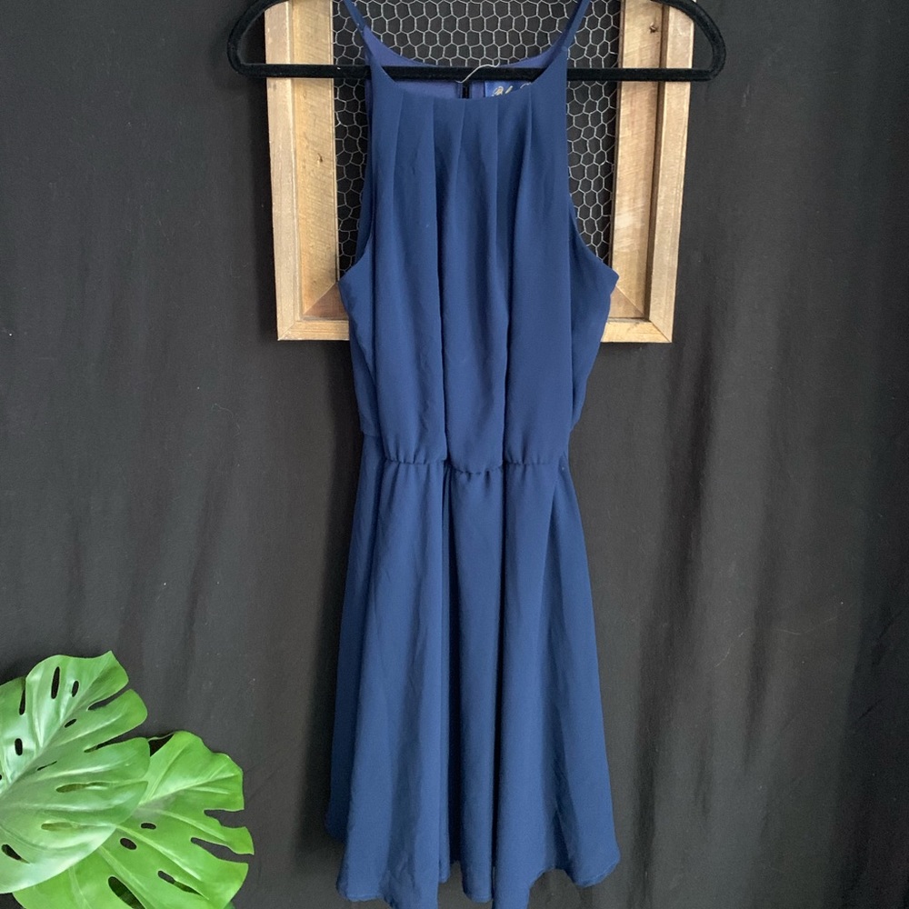 Blue mini halter dress with cinched waist